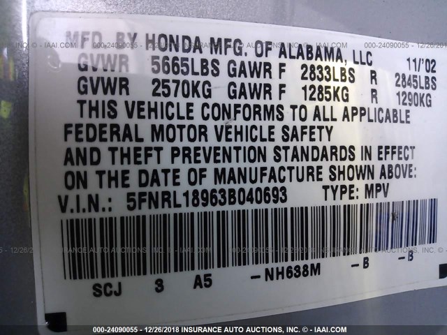 5FNRL18963B040693 - 2003 HONDA ODYSSEY EXL GRAY photo 9