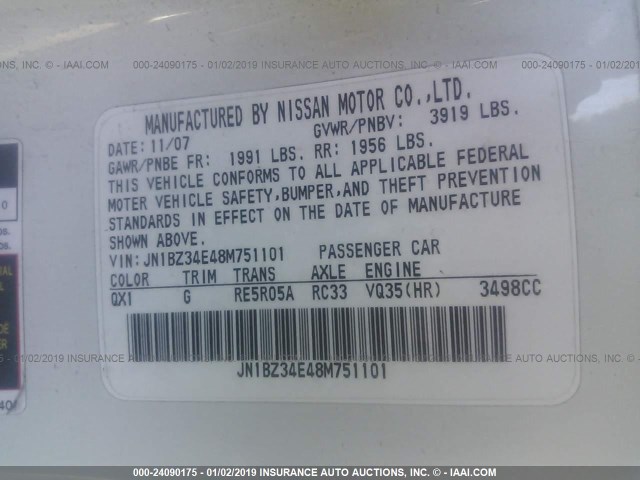 JN1BZ34E48M751101 - 2008 NISSAN 350Z COUPE WHITE photo 9