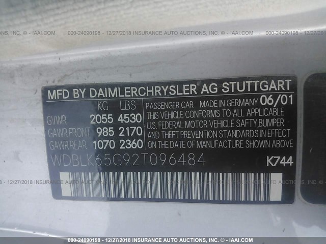 WDBLK65G92T096484 - 2002 MERCEDES-BENZ CLK 320 SILVER photo 9