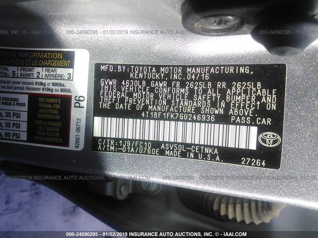 4T1BF1FK7GU246936 - 2016 TOYOTA CAMRY LE/XLE/SE/XSE 银色 照片 9