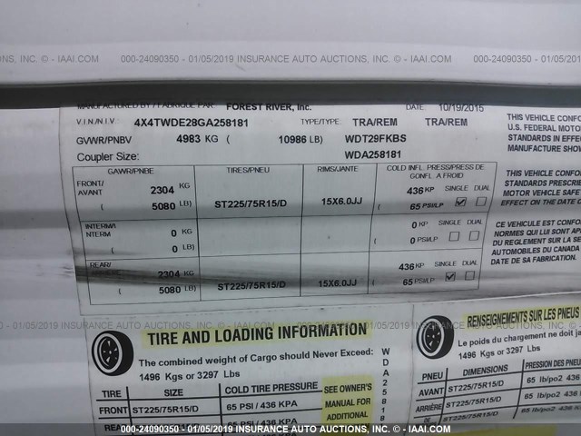 4X4TWDE28GA258181 - 2016 FOREST RIVER OTHER  WHITE photo 9