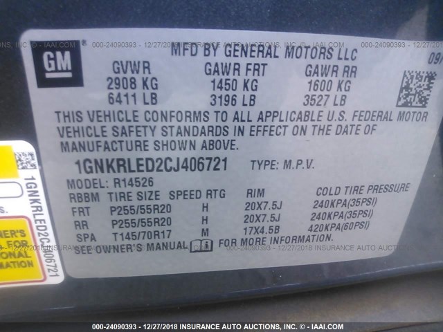 1GNKRLED2CJ406721 - 2012 CHEVROLET TRAVERSE LTZ BLACK photo 9