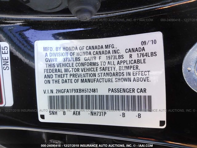 2HGFA1F9XBH512481 - 2011 HONDA CIVIC EXL BLACK photo 9