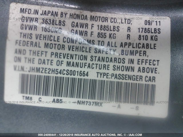 JHMZE2H54CS001664 - 2012 HONDA INSIGHT LX GRAY photo 9