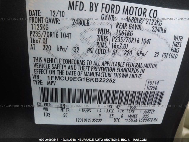 1FMCU9EG1BKB22252 - 2011 FORD ESCAPE LIMITED BLUE photo 9