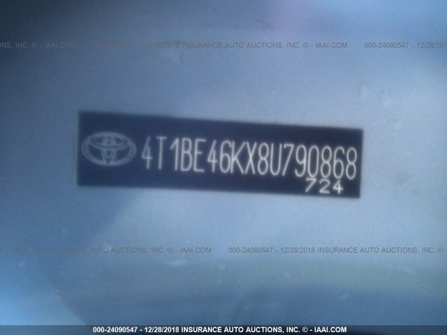 4T1BE46KX8U790868 - 2008 TOYOTA CAMRY CE/LE/XLE/SE BLUE photo 9