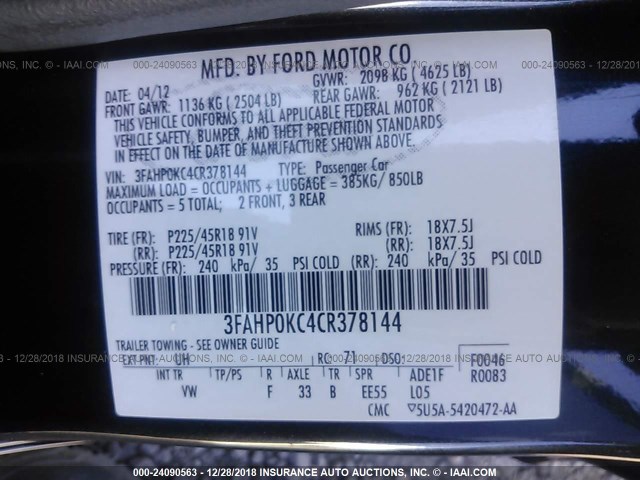 3FAHP0KC4CR378144 - 2012 FORD FUSION SPORT BLACK photo 9