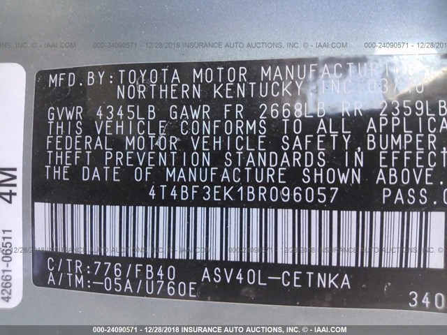 4T4BF3EK1BR096057 - 2011 TOYOTA CAMRY SE/LE/XLE GRAY photo 9