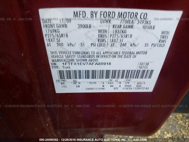 1FTFX1EV7AFA85918 - 2010 FORD F150 SUPER CAB RED photo 9