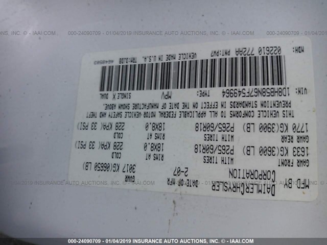 1D8HB58N67F549964 - 2007 DODGE DURANGO LIMITED WHITE photo 9