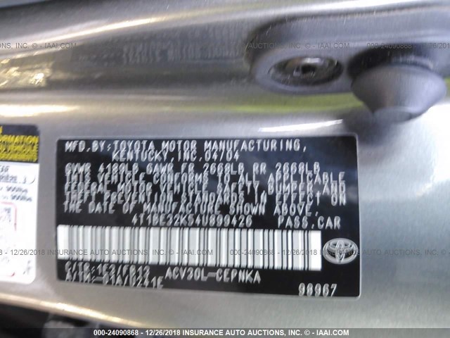 4T1BE32K54U899426 - 2004 TOYOTA CAMRY LE/XLE/SE GRAY photo 9