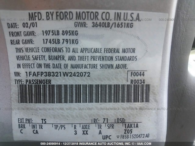 1FAFP38321W242072 - 2001 FORD FOCUS ZTS SILVER photo 9