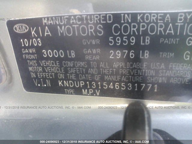 KNDUP131546531771 - 2004 KIA SEDONA EX/LX GREEN photo 9