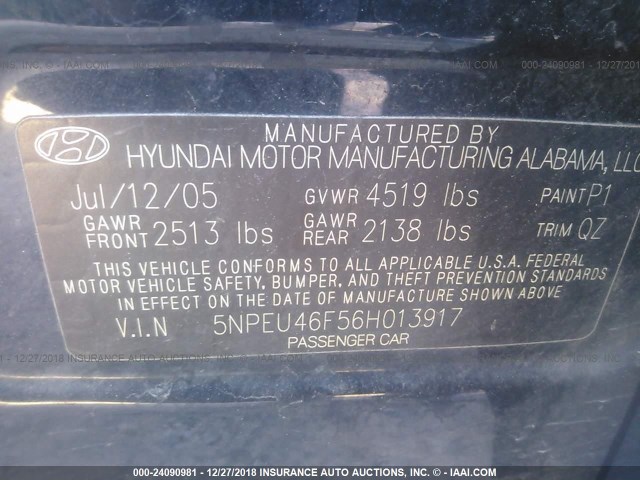 5NPEU46F56H013917 - 2006 HYUNDAI SONATA GLS/LX BLACK photo 9