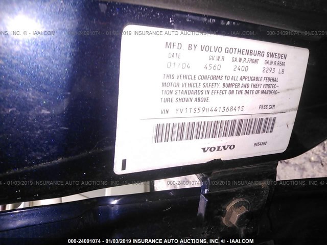 YV1TS59H441368415 - 2004 VOLVO S80 2.5T BLUE photo 9