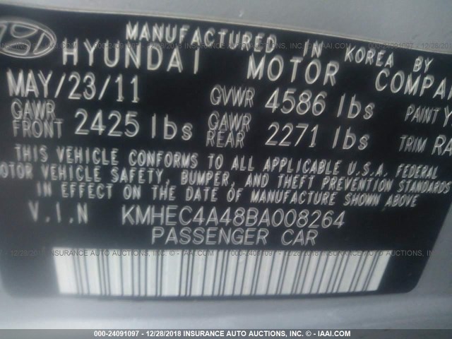 KMHEC4A48BA008264 - 2011 HYUNDAI SONATA HYBRID SILVER photo 9