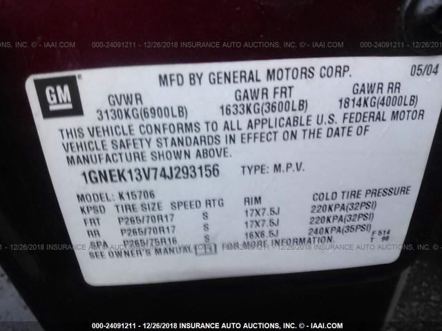 1GNEK13V74J293156 - 2004 CHEVROLET TAHOE K1500 MAROON photo 9