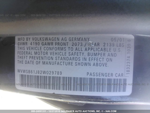 WVWSB61J82W029789 - 2002 VOLKSWAGEN JETTA GLS BLACK photo 9