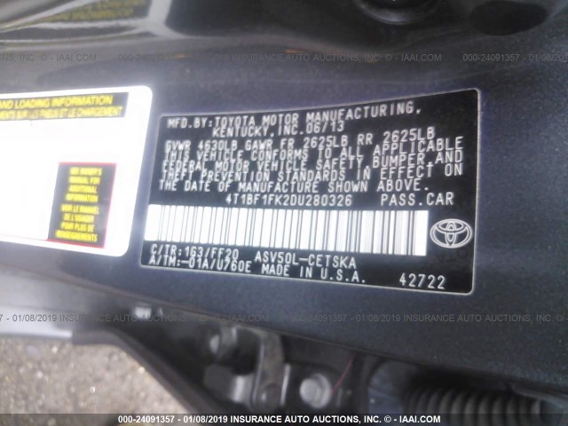 4T1BF1FK2DU280326 - 2013 TOYOTA CAMRY L/SE/LE/XLE ნაცრისფერი ფოტო 9