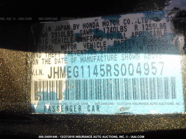 JHMEG1145RS004957 - 1994 HONDA CIVIC DEL SOL S BLACK photo 9