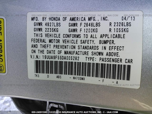 19UUA9F55DA005282 - 2013 ACURA TL TECH SILVER photo 9