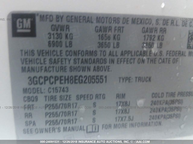 3GCPCPEH8EG205551 - 2014 CHEVROLET SILVERADO C1500 WHITE photo 9