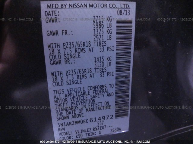 5N1AR2MM0EC614972 - 2014 NISSAN PATHFINDER S/SV/SL/PLATINUM GRAY photo 9