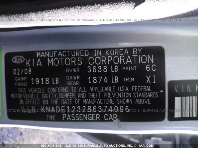 KNADE123286374096 - 2008 KIA RIO LX/SX SILVER photo 9