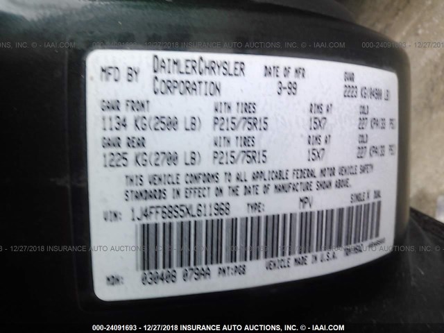 1J4FF68S5XL611968 - 1999 JEEP CHEROKEE SPORT/CLASSIC მწვანე ფოტო 9