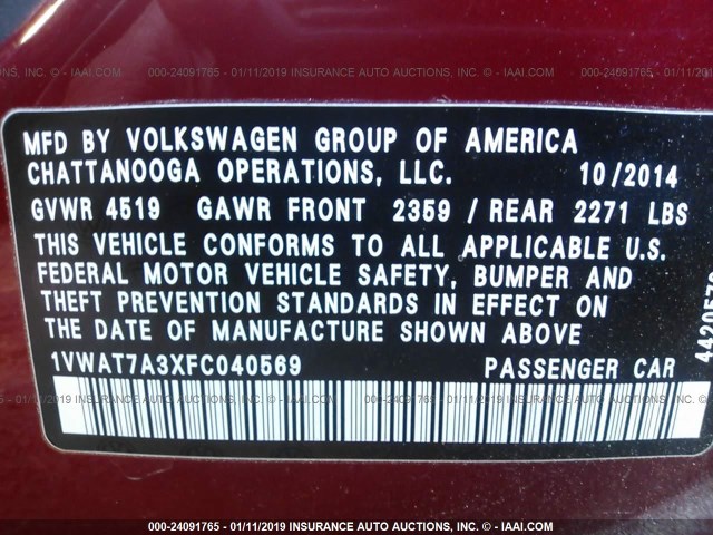 1VWAT7A3XFC040569 - 2015 VOLKSWAGEN PASSAT S RED photo 9