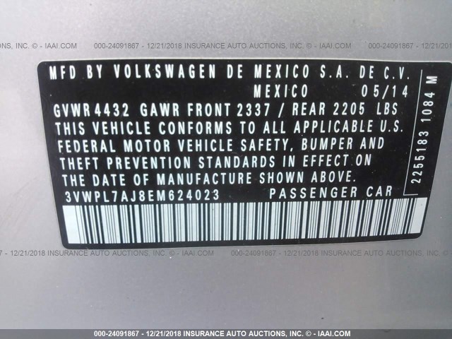 3VWPL7AJ8EM624023 - 2014 VOLKSWAGEN JETTA TDI SILVER photo 9