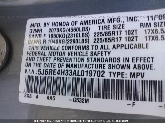 5J6RE4H33AL019702 - 2010 HONDA CR-V GRAY photo 9