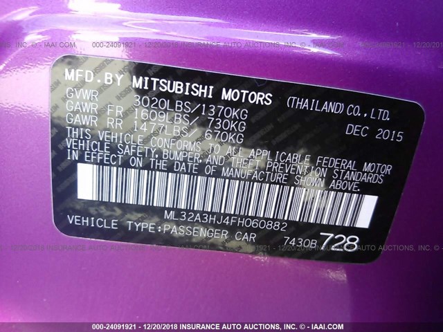 ML32A3HJ4FH060882 - 2015 MITSUBISHI MIRAGE PURPLE photo 9