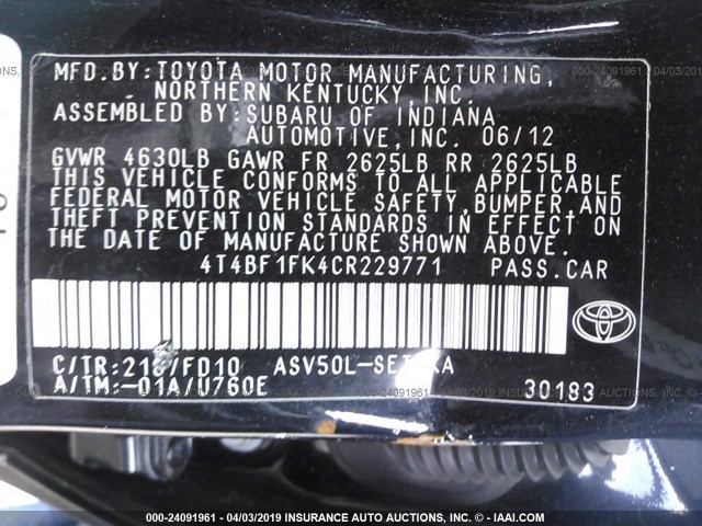 4T4BF1FK4CR229771 - 2012 TOYOTA CAMRY SE/LE/XLE BLACK photo 9