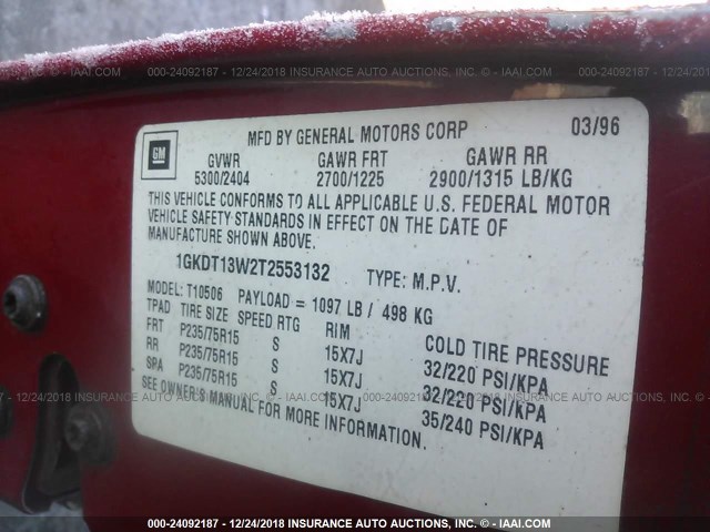 1GKDT13W2T2553132 - 1996 GMC JIMMY RED photo 9