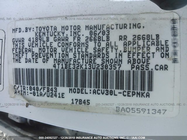 4T1BE32K13U230357 - 2003 TOYOTA CAMRY LE/XLE/SE WHITE photo 9