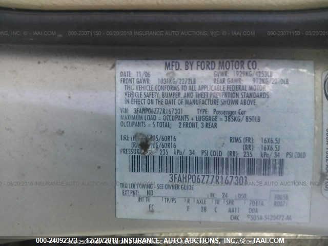 3FAHP06Z77R167301 - 2007 FORD FUSION S GOLD photo 9