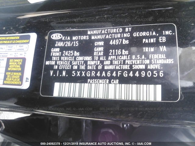 5XXGR4A64FG449056 - 2015 KIA OPTIMA SX BLACK photo 9