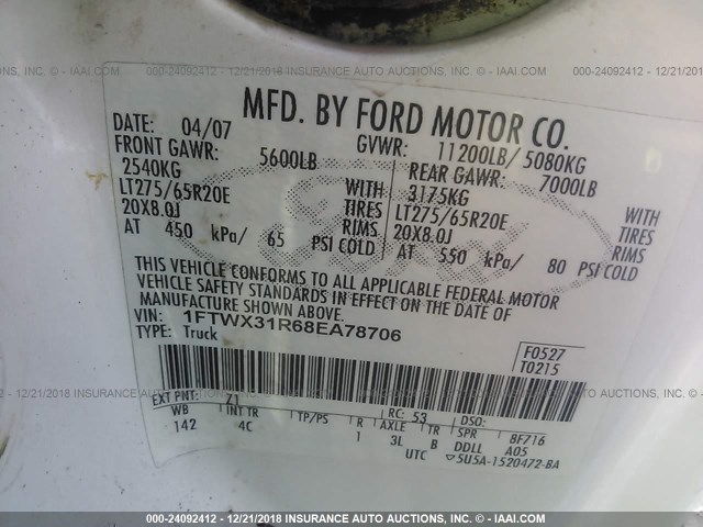 1FTWX31R68EA78706 - 2008 FORD F350 SRW SUPER DUTY Unknown photo 9