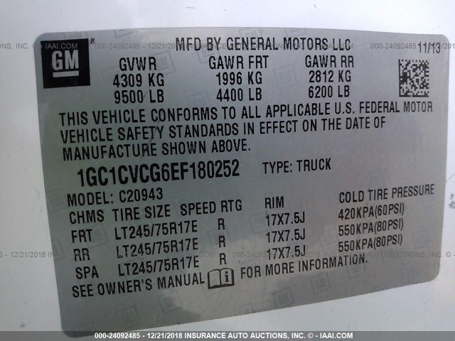 1GC1CVCG6EF180252 - 2014 CHEVROLET SILVERADO C2500 HEAVY DUTY WHITE photo 9