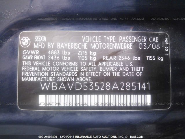 WBAVD53528A285141 - 2008 BMW 335 XI BLUE photo 9