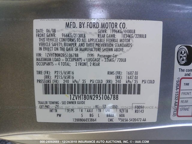 1ZVHT80N295106788 - 2009 FORD MUSTANG 灰色 照片 9