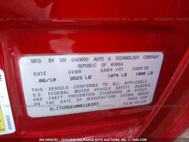 KL1TD5DE2BB116397 - 2011 CHEVROLET AVEO LS/LT წითელი ფოტო 9