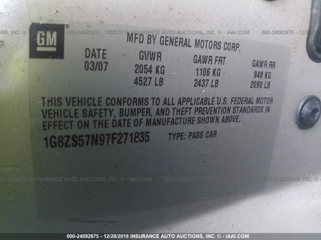 1G8ZS57N97F271835 - 2007 SATURN AURA XE SILVER photo 9