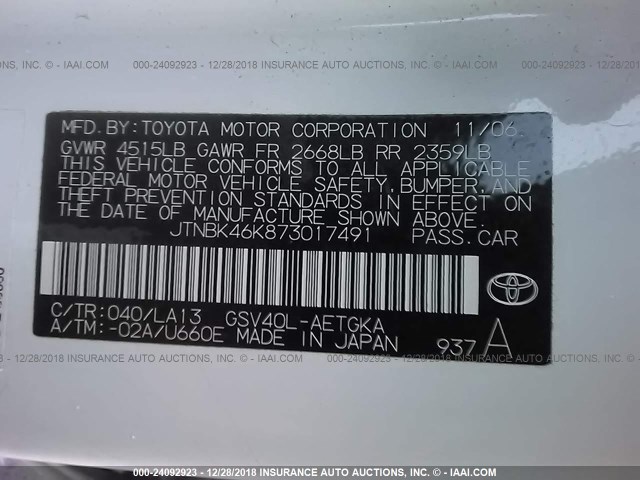 JTNBK46K873017491 - 2007 TOYOTA CAMRY NEW GENERAT LE/XLE/SE WHITE photo 9