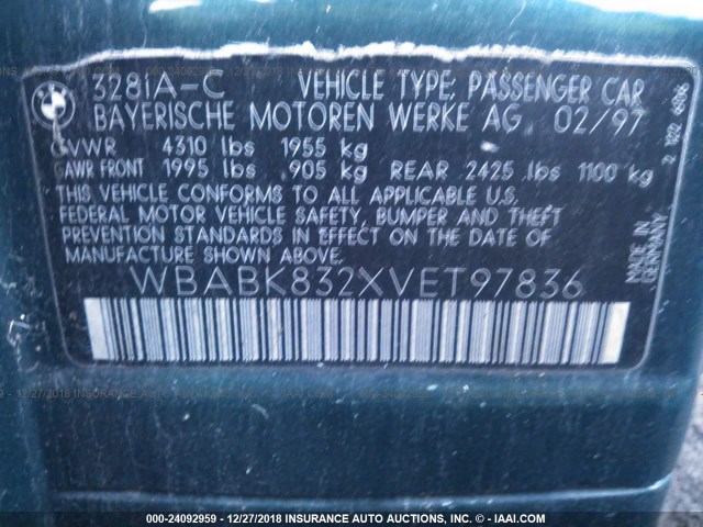 WBABK832XVET97836 - 1997 BMW 328 IC AUTOMATIC GREEN photo 9