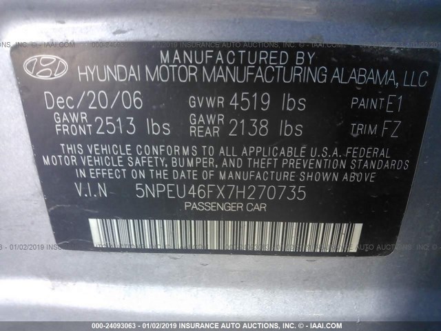 5NPEU46FX7H270735 - 2007 HYUNDAI SONATA SE/LIMITED GRAY photo 9