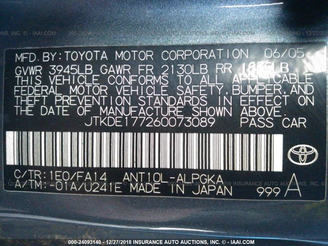 JTKDE177260073089 - 2006 TOYOTA SCION TC 灰色 照片 9