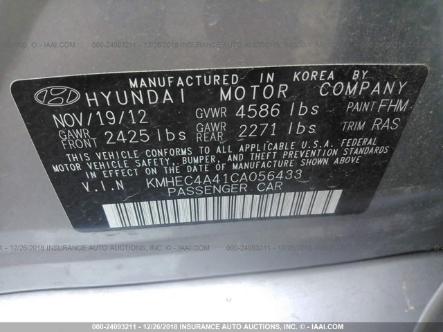 KMHEC4A41CA056433 - 2012 HYUNDAI SONATA HYBRID SILVER photo 9