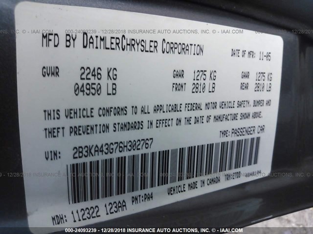 2B3KA43G76H302767 - 2006 DODGE CHARGER SE/SXT GRAY photo 9